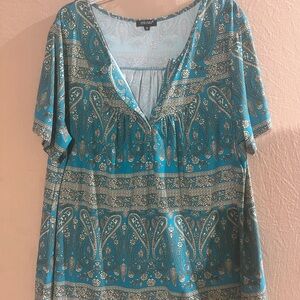 Teal Paisley Blouse V-neck with button accents and stretchy material